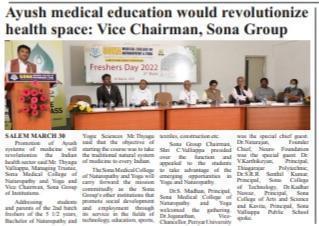 Freshers day 2022 at sona medical college of naturopathy and yoga - published in trinity mirror