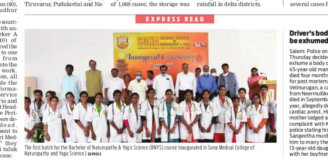 First Batch for the BNYS Course Inaugurated at Salem Sona Medical College of Naturopathy and Yoga - Published in Indian Express