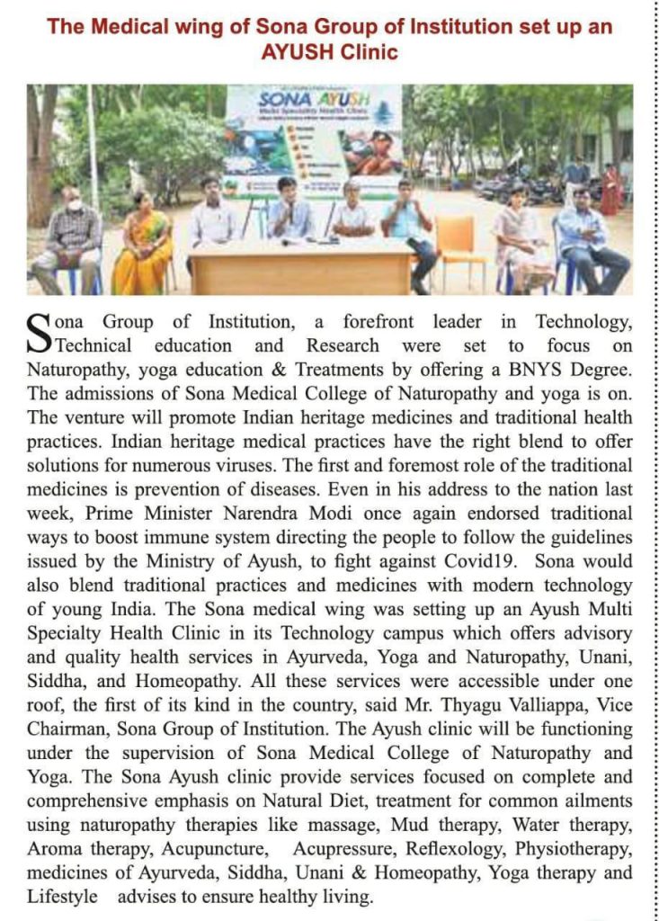 Inauguration of Sona Ayush Clinic - Published in the Hindu